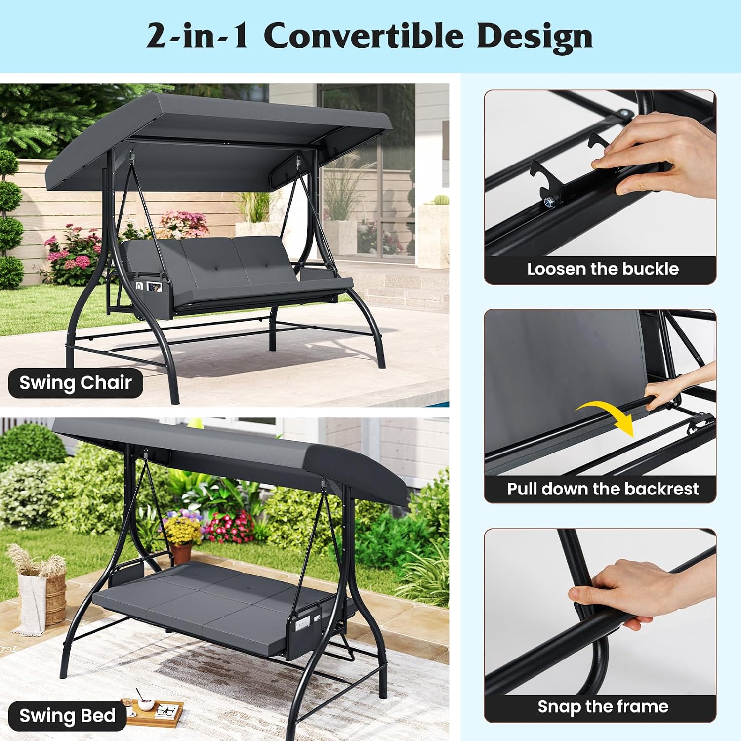 Tangkula 3 Person Porch Swing, 2-in-1 Convertible Outdoor Swing with Adjustable Canopy, Removable Cushions, Metal Frame, Side Pockets for Backyard, Garden, Porch (Gray)
