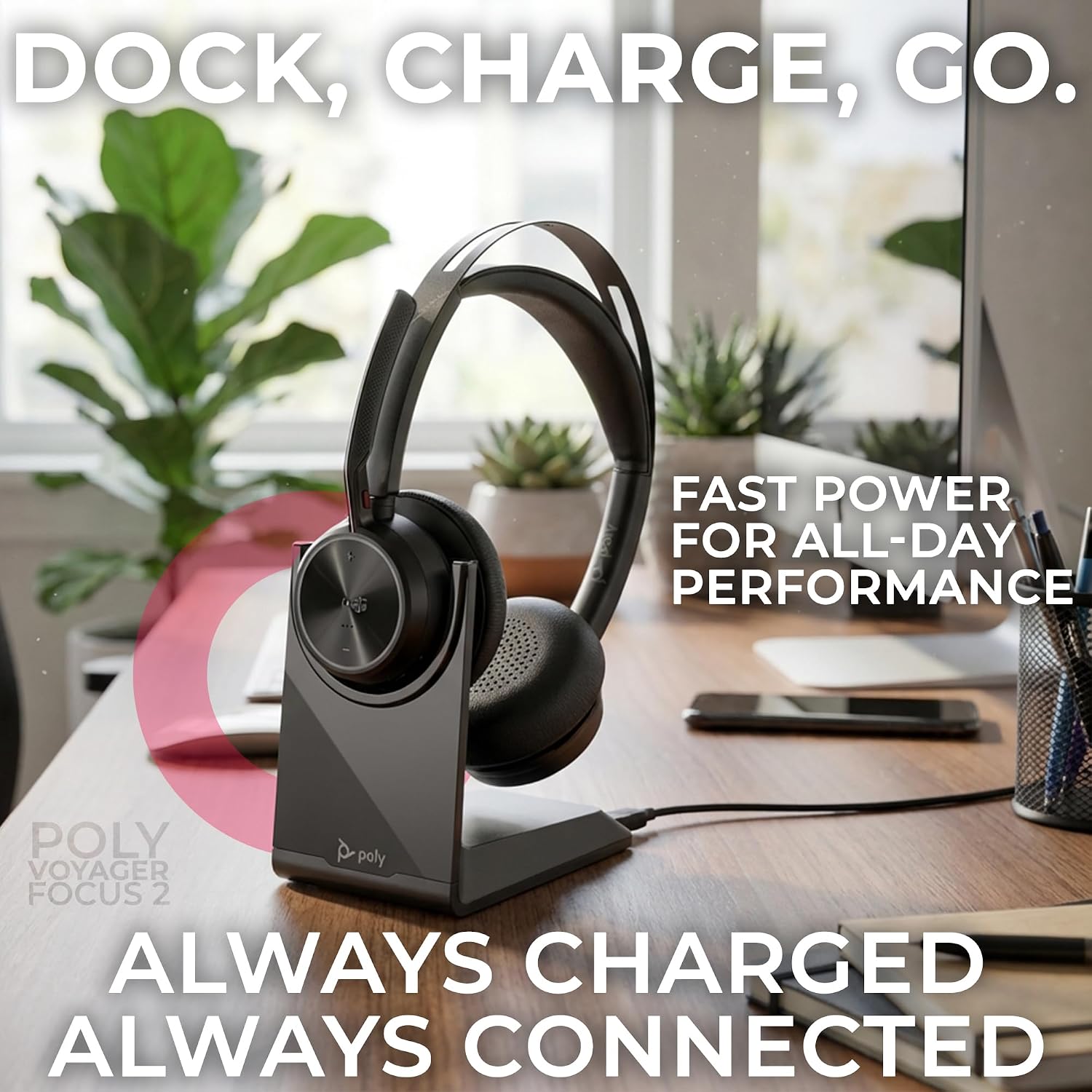 Poly Voyager Focus 2 Bluetooth Headset with Noise Blocking Mic - USB-C/A Dongle Adapters for PC using MS Teams, Zoom - Pairs to Both Cellphone and Laptop - Charging cable, and GTW Microfiber Cloth