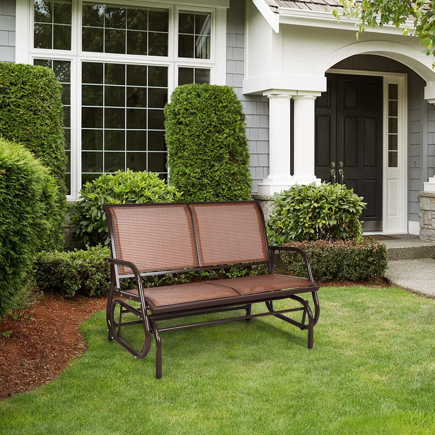 Tangkula 2 Person Patio Glider, Outdoor Swing Bench, Glider Loveseat Chair with Heavy-Duty Steel Frame, Breathable Seat Fabric, Rocking Chair for Poolside, Garden, Backyard, Porch