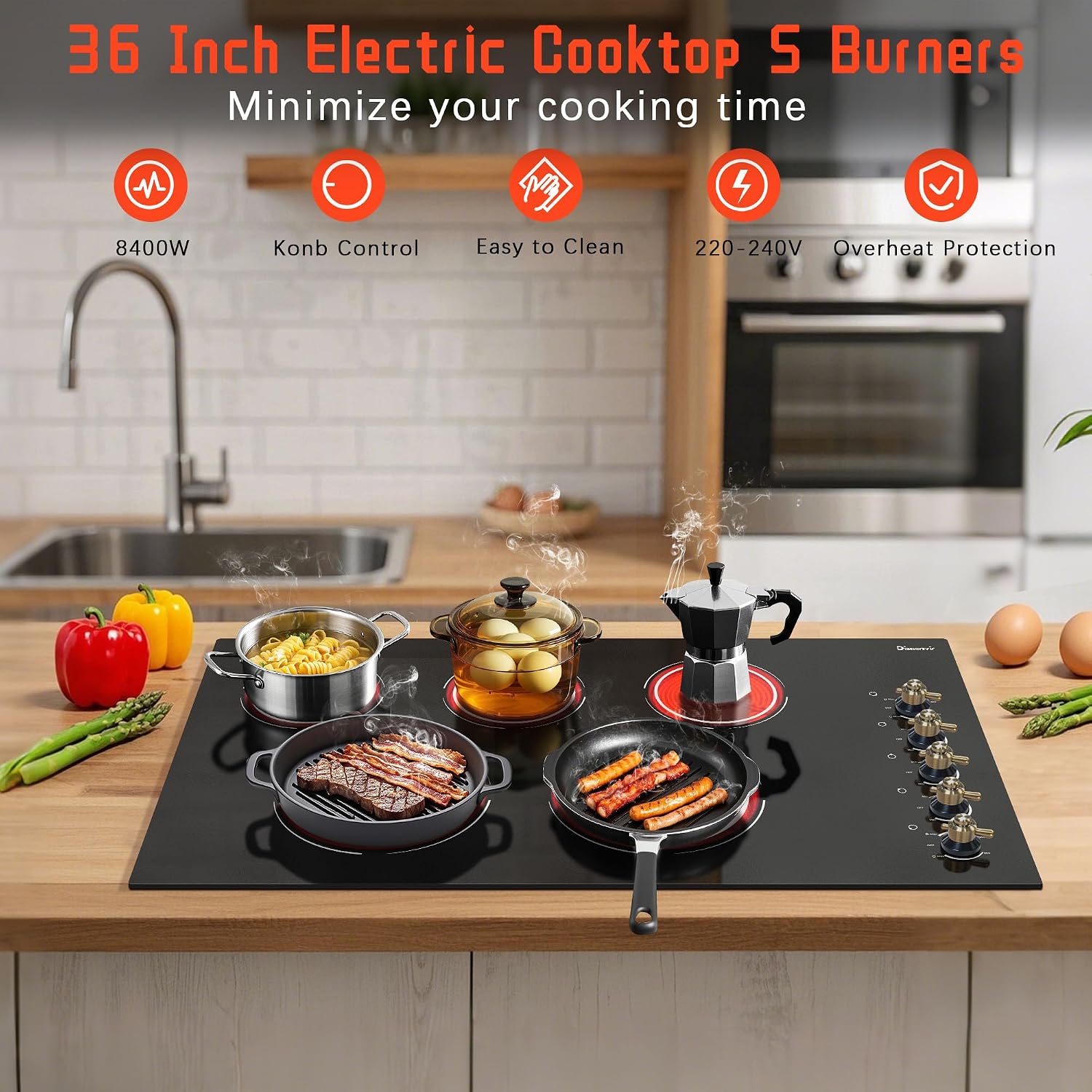 Electric Cooktop 36 Inch - 5 Burner Electric Stove Top with 8400W, 36 Inches Built-in(34.25'x19.3') Ceramic Stove with Dual Rings, Overheat Indicator, Knob Control, 220V - 240V Hard Wired