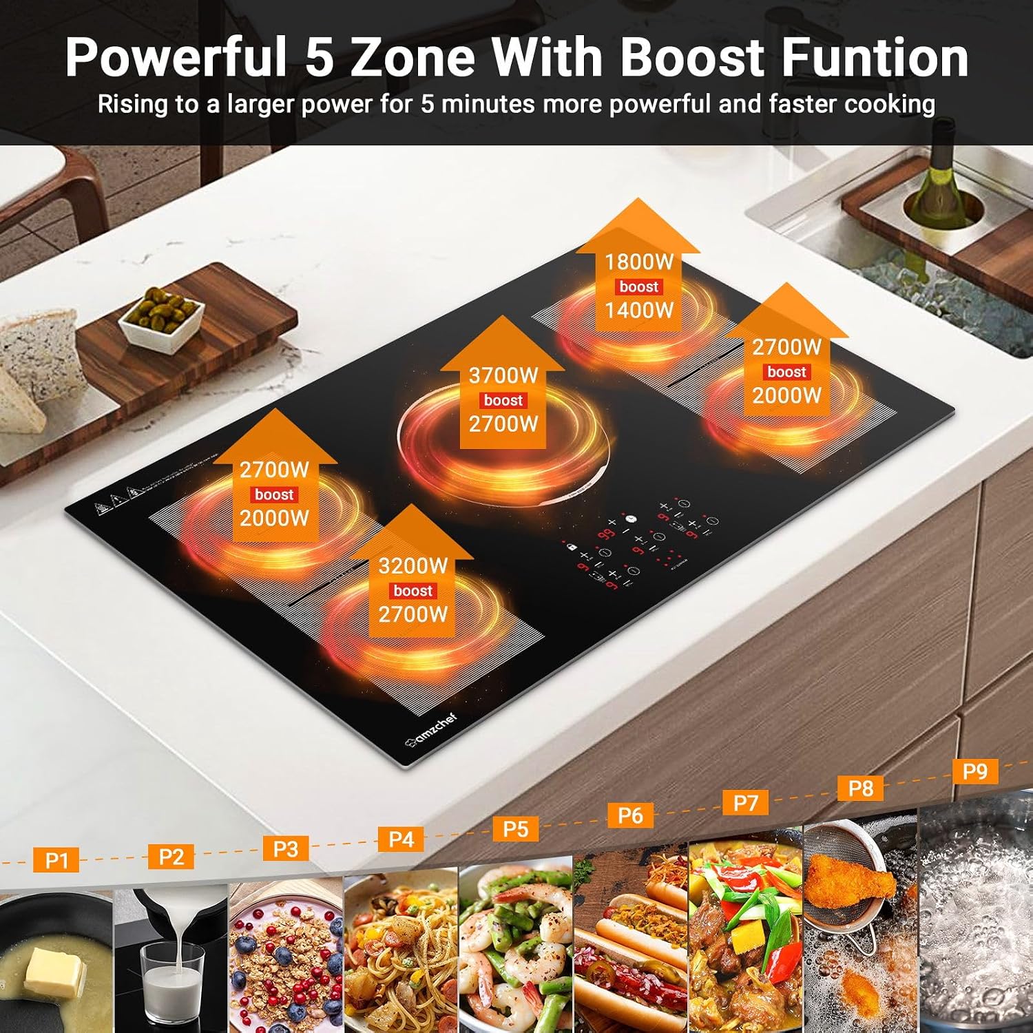 36 Inch Induction Cooktop, AMZCHEF Built-in Electric Stove Top with 5 Boost Burners Bridge Function, 240V/10800W, ETL Certified, 9 Power Level, Keep Warm, Timer, Safety Lock