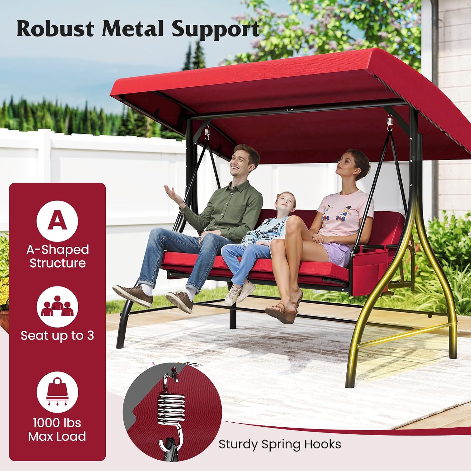 Tangkula 3 Person Porch Swing, 2-in-1 Convertible Outdoor Swing with Adjustable Canopy, Removable Cushions, Metal Frame, Side Pockets for Backyard, Garden, Porch (Burgundy)