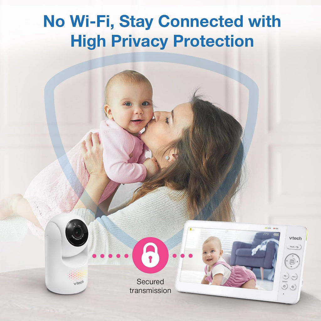 VTech Advanced HQ Max Twin 7' Digital Video 2-Cameras Baby Monitor with Pan Tilt Zoom, Long Battery Life 5000mAh, IPS Screen, Adaptive Multi-Color Night Light, 2-Way Talk, HQ Display, No WiFi, White