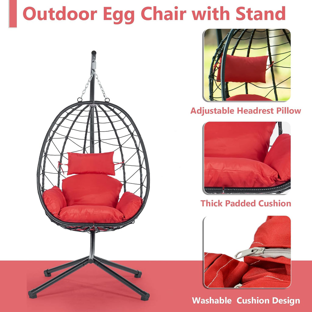 Hanging Egg Chair with Stand, Black Wicker Rattan Swing Egg Chair, Indoor Outdoor Swing Chair for Patio Balcony Porch Bedroom, 350 LBS Capacity (Red)