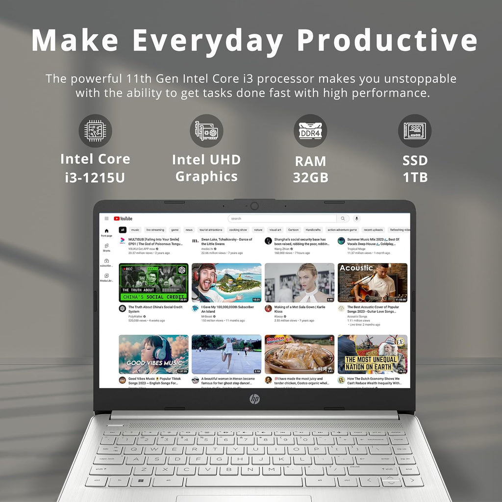 HP 14' FHD Anti-Glare Laptop, Intel i3-1215U, 32GB RAM, 1TB PCIe SSD, Intel UHD Graphics, Backlit Keyboard, HD Webcam, Wi-Fi, Bluetooth, Sliver, Windows 11 (Renewed)