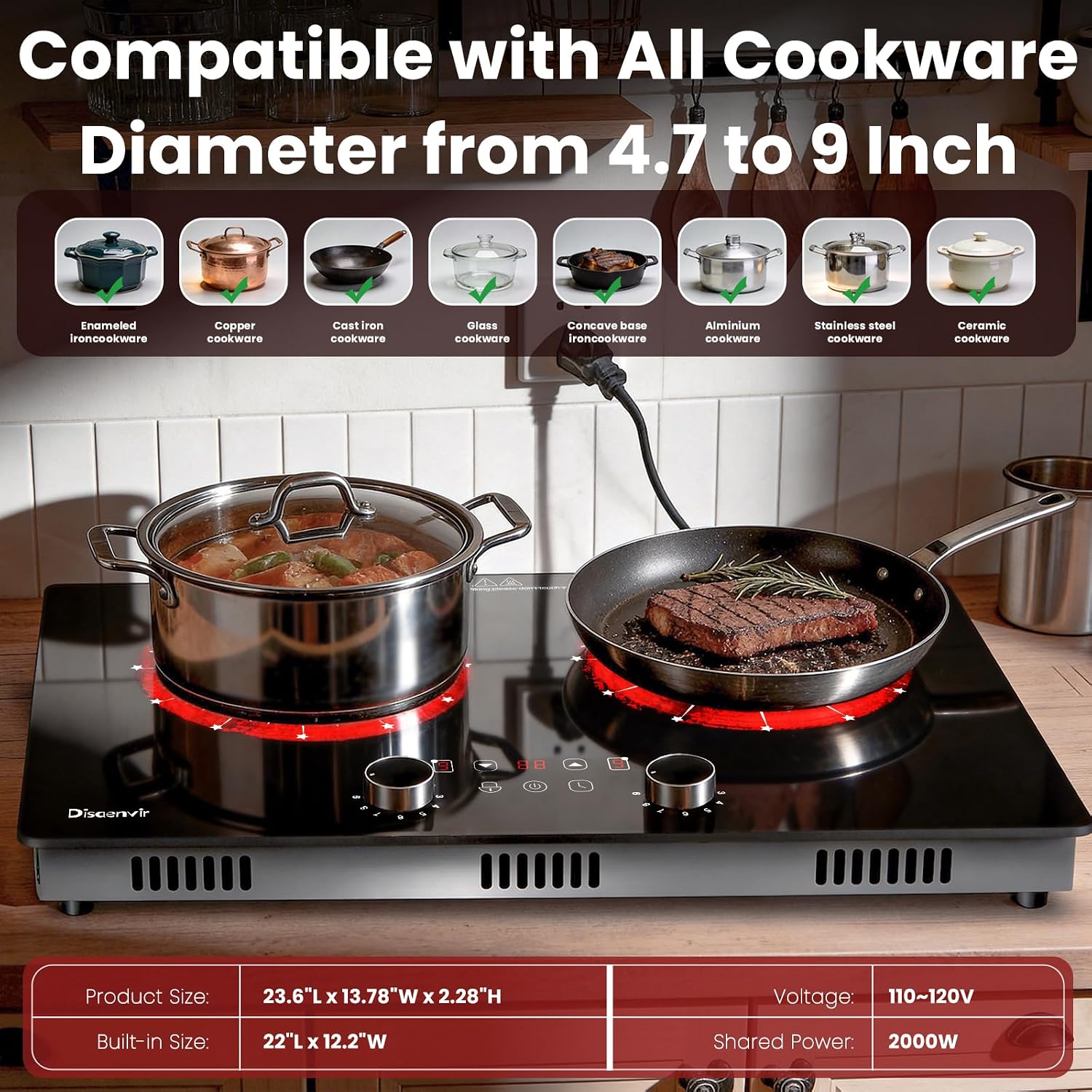2 Burner Electric Cooktop 110V - 24 Inch(23.6'x 13.78') Ceramic Stove Countertop & Built-in(22'x 12.2'), 2000W Two Burner Cooktop with Touch & Knob Control, Timer, Safety Lock, 120V Plug in