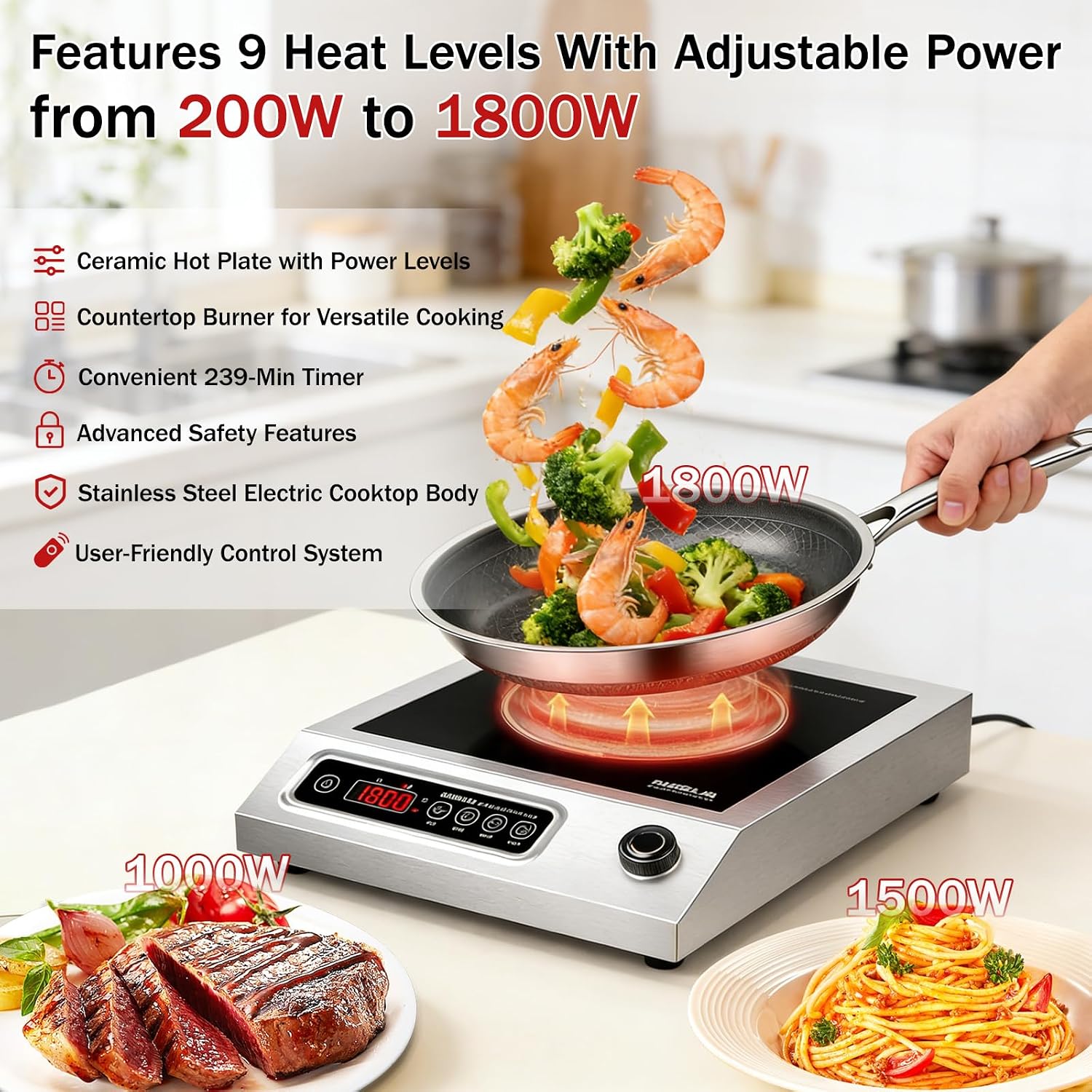 1800W Hot Plate Electric, 9 Power Levels Commercial-Grade Induction Cooktop, Portable Infrared Burner with Timer and Child Safety Lock, for Apartment, Dorm, RV and Restaurant