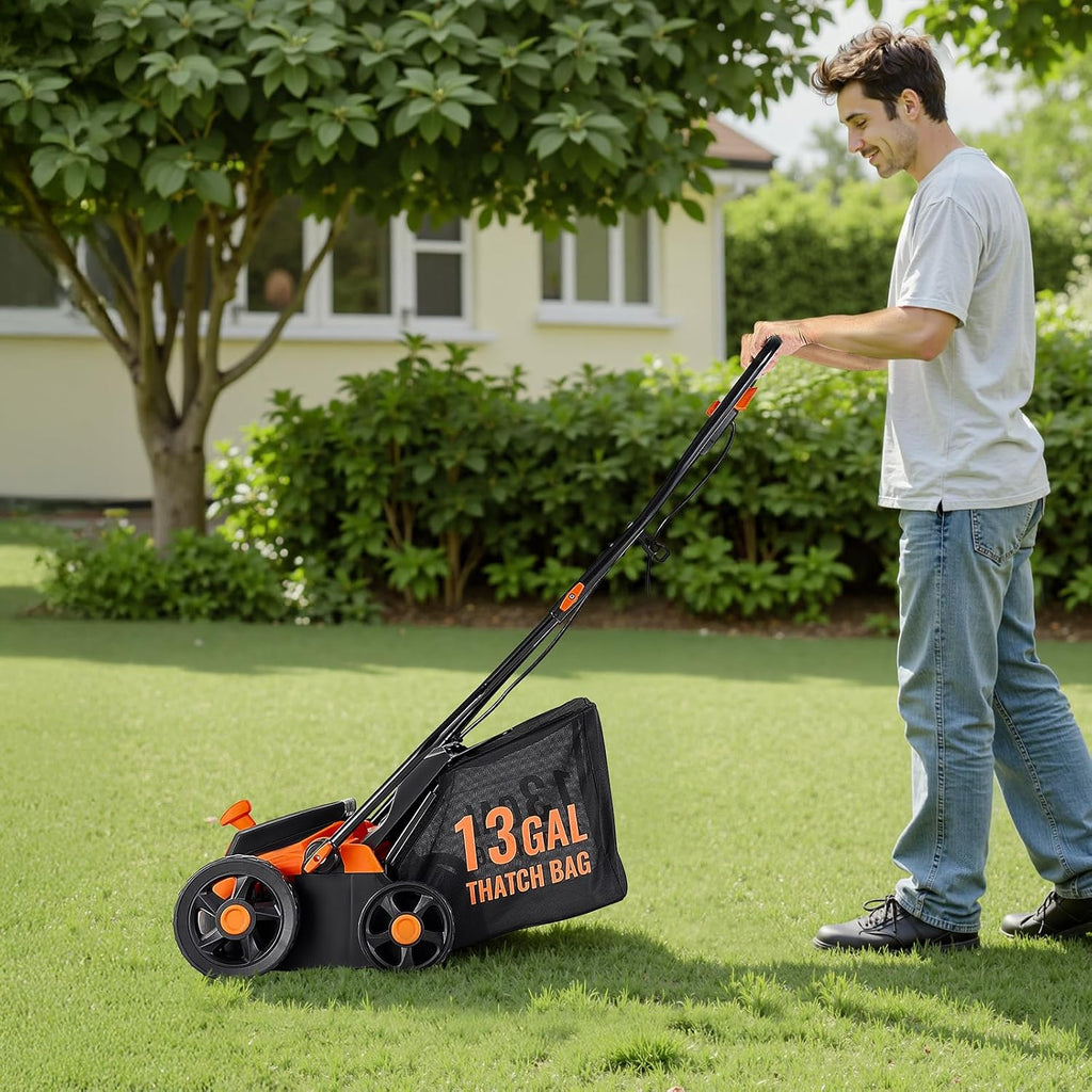 VEVOR 2-in-1 Electric Dethatcher and Scarifier, 13-Inch 13 Amp, Corded Lawn Dethatcher with 13-Gallon Thatch Collection Bag, 5-Position Depth Adjustment, Walk Behind Machine for Garden Yard Grass