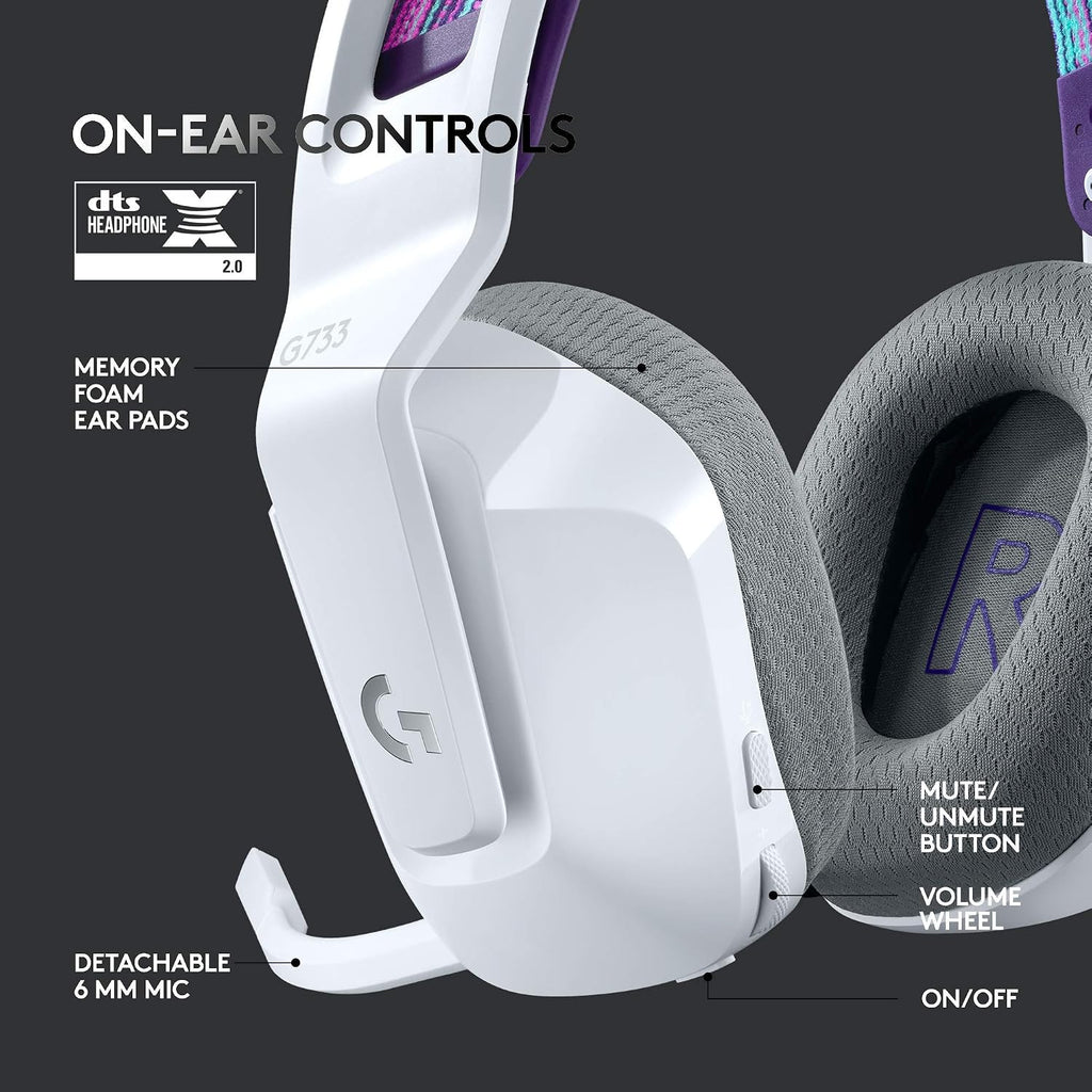 Logitech G733 Lightspeed Wireless Gaming Headset with Suspension Headband, LIGHTSYNC RGB, Blue VO!CE mic Technology and PRO-G Audio Drivers - White