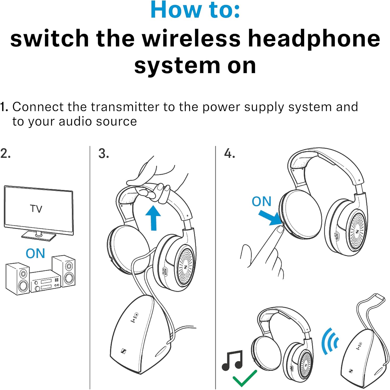 Sennheiser RS 120-W On-Ear Wireless Headphones for Crystal-clear TV Listening with 3 Sound Modes, Lightweight Design, Easy Volume Control, 60 m Range and Convenient Transmitter/Charger Combo - Black