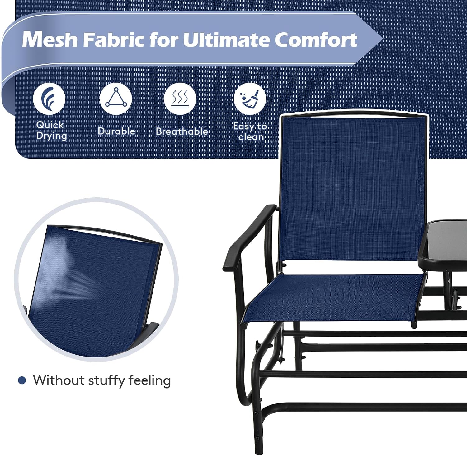 Tangkula 2 Person Swing Glider Chair, Patio Rocking Loveseat w/Center Tempered Glass Table, Outdoor Swing Bench w/Steel Frame & Breathable Mesh Fabric for Porch, Balcony, Poolside (Navy)