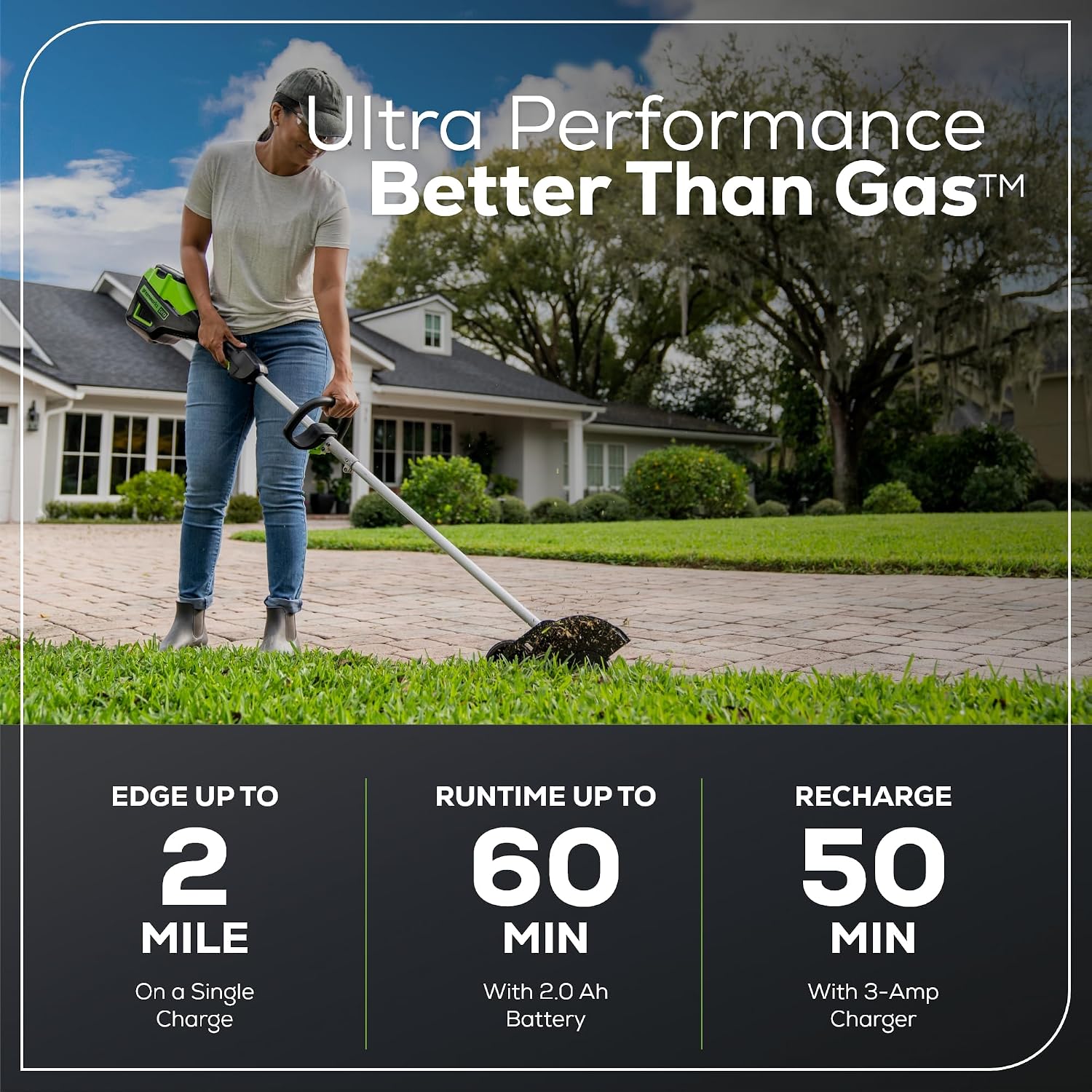 Greenworks 60V 8' Brushless Cordless Edger with 2.0Ah Battery & Charger – Tool-Free Depth Adjustment, Lightweight Lawn Edging Tool, 4-Year Warranty