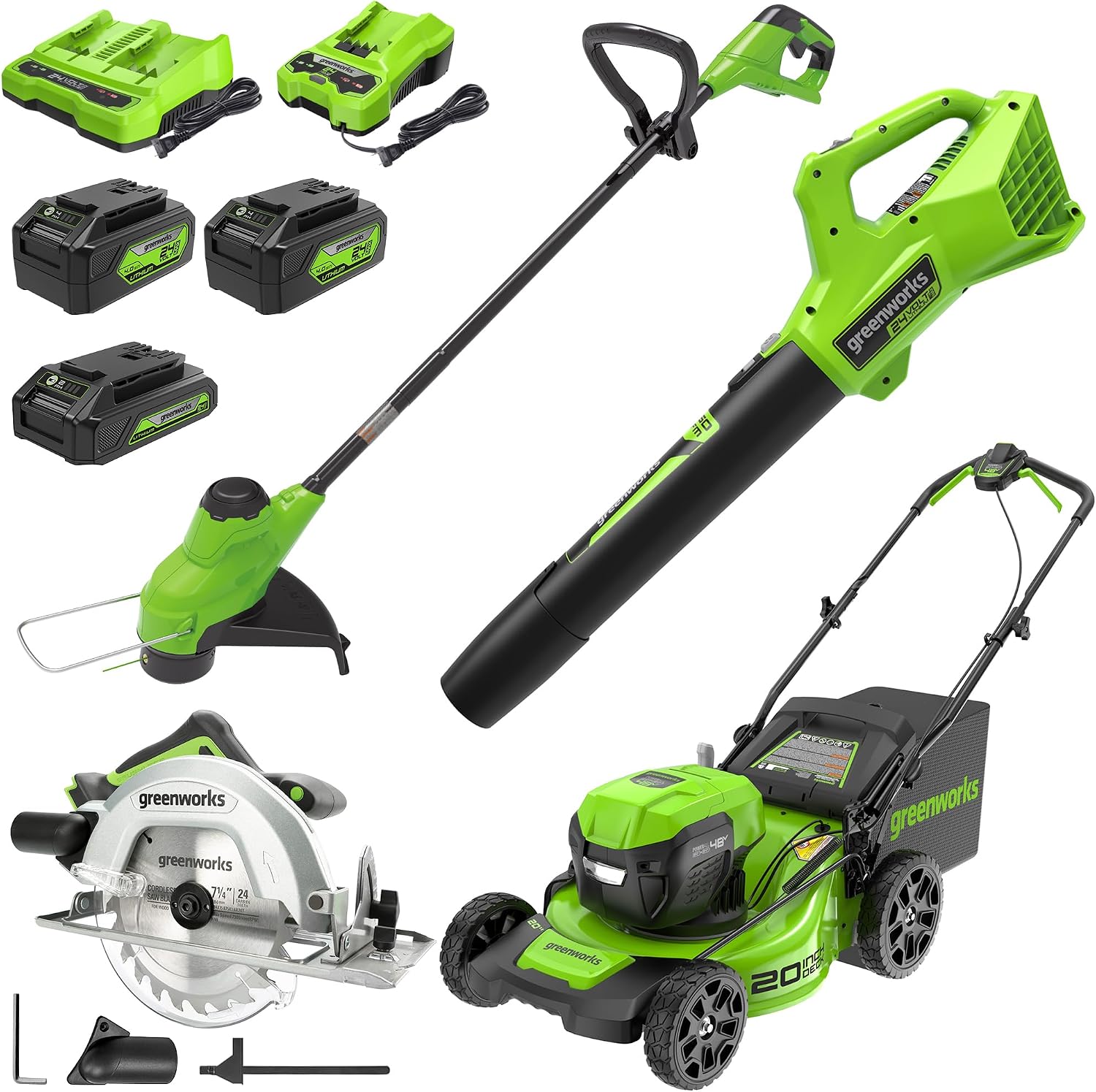Greenworks 48V (24V x 2) Electric Lawn Mower Combo Kit with 20' Steel Deck, 12' String Trimmer, 320 CFM Blower, Circular Saw – All-in-One Cordless Combo: Ideal for Home Yard Work & DIY Projects