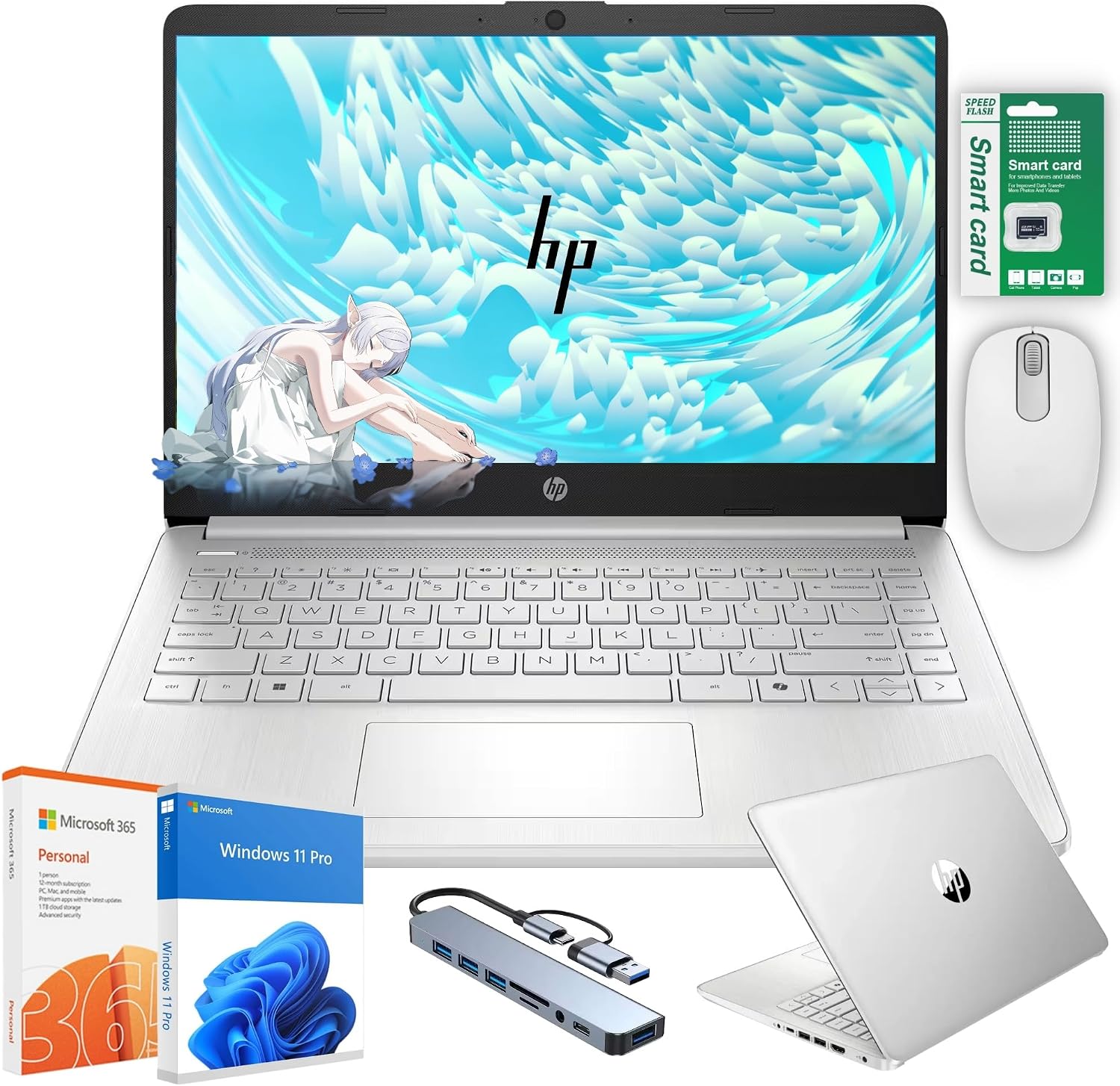 HP Ultra Thin 14' Laptop with Copilot, Intel N150, 16GB RAM, 384GB(128GB eMMC+256GB SD Card) • HUB • Mouse, Windows 11 Pro, 1-Year Office 365, Lightweight Silver Notebook for Work & School