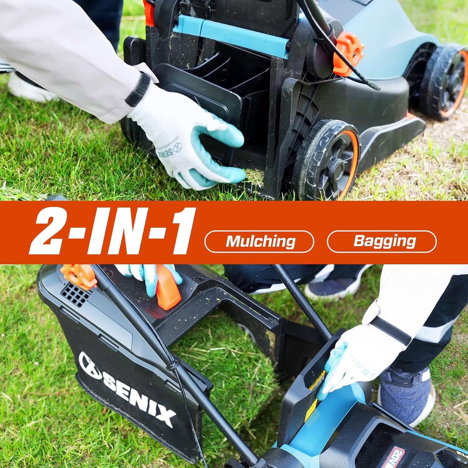 SENIX 20V 13' Cordless Lawn Mower, 2-in-1 Electric Push Mower 4.0Ah Battery & Charger, Bagging, Mulching, 5 Position Height Adjustment, for Garden Yard
