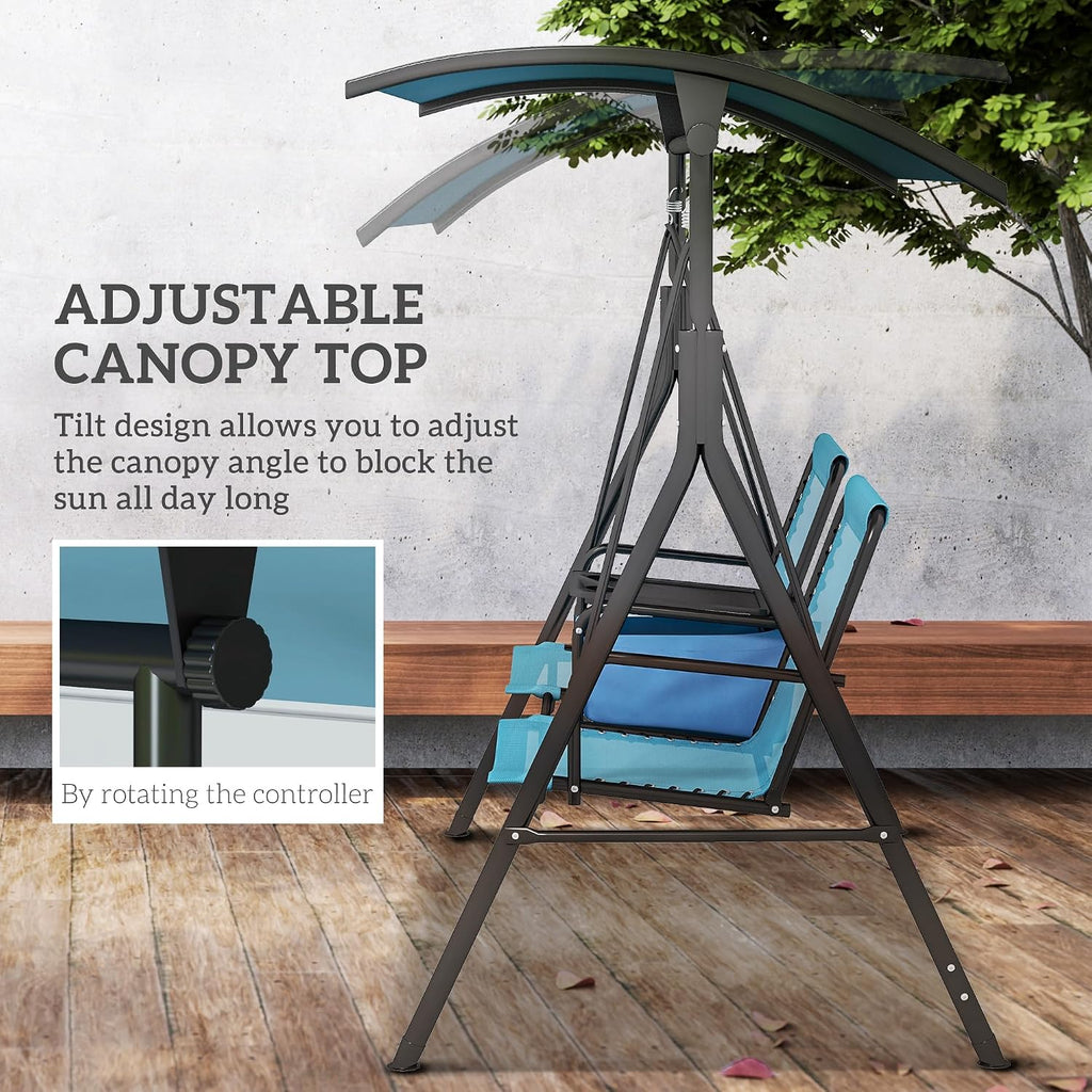 Outsunny 2-Seat Patio Swing Chair, Outdoor Canopy Swing Glider with Pivot Storage Table, Cup Holder, Adjustable Shade, Bungie Seat Suspension and Weather Resistant Steel Frame, Blue