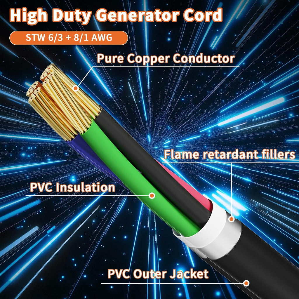 50 Amp Generator Cord and Power Inlet Box 30FT 50 Amp 125V/250V STW 6/3+8/1 AWG Pure Copper Generator Extension Cord,NEMA 14-50P Male to SS2-50R Twist Locking Connector ETL Listed