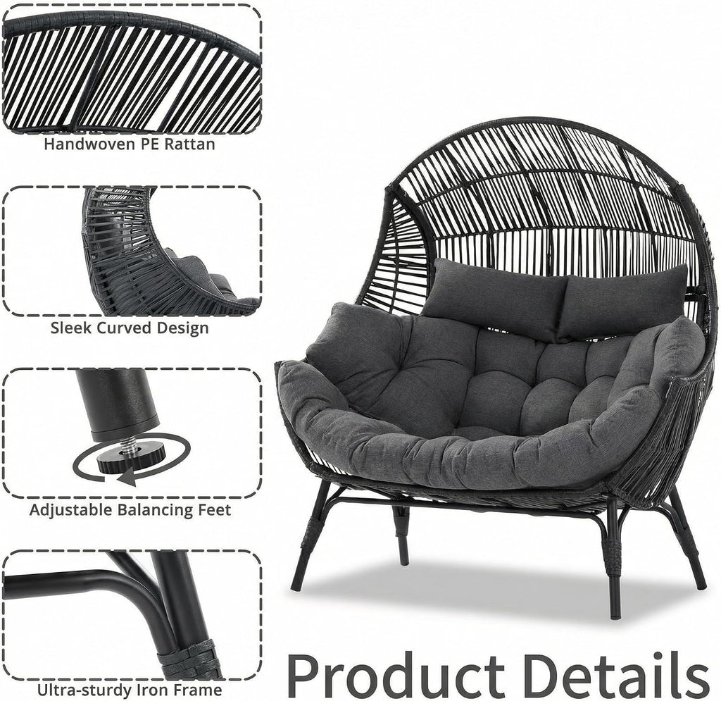 IRONCK Egg Chair Indoor Outdoor, 2 Person Double Egg Loveseat Chair, Oversized Thickened Padded Headrests and Cushions, 680 lbs Wicker Lounge for Balcony, Patio, Garden, Black and Gray