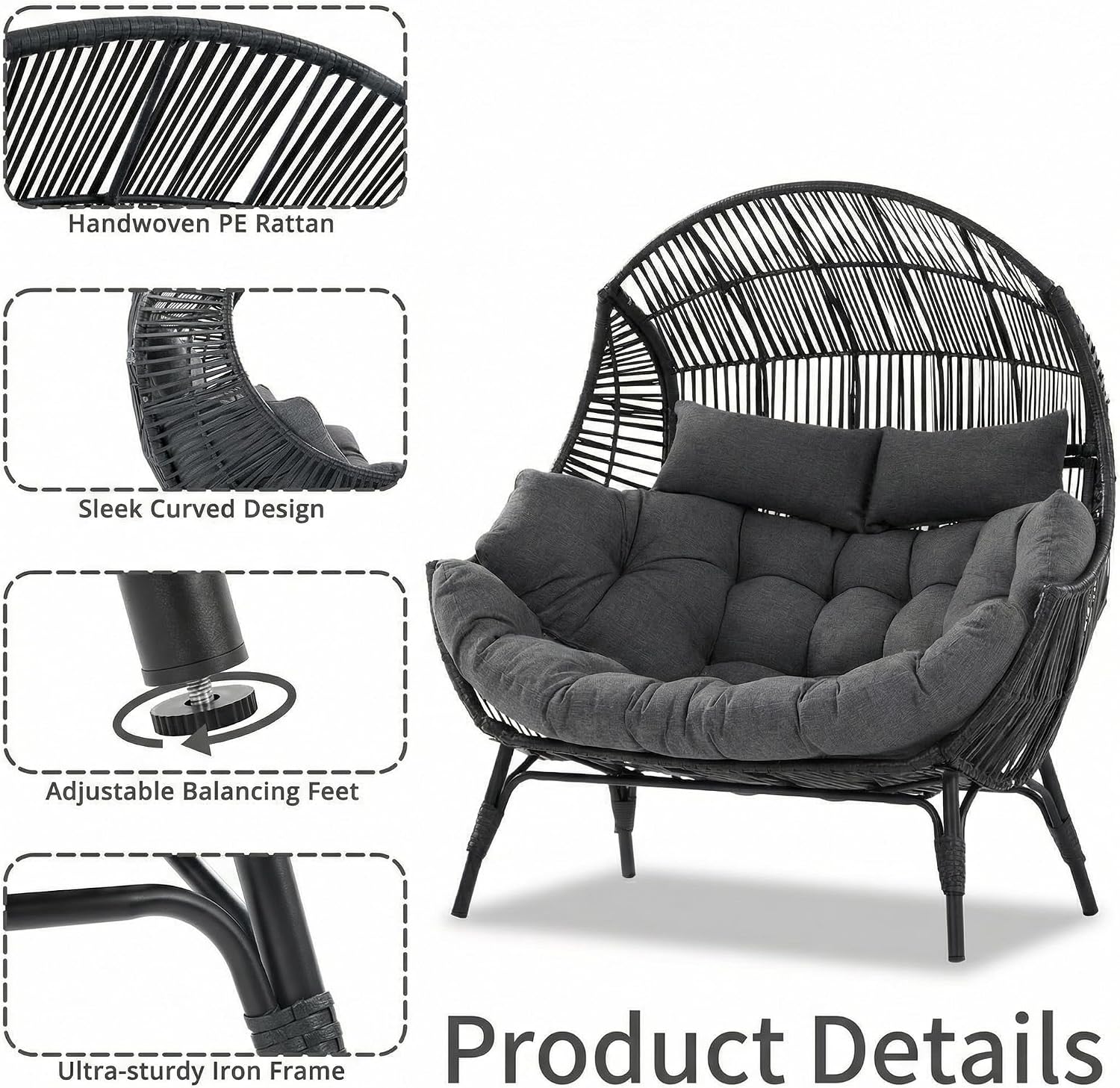 IRONCK Egg Chair Indoor Outdoor, 2 Person Double Egg Loveseat Chair, Oversized Thickened Padded Headrests and Cushions, 680 lbs Wicker Lounge for Balcony, Patio, Garden, Black and Gray