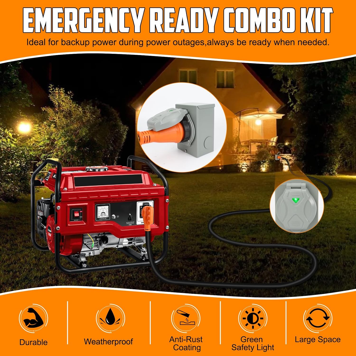 50Amp Generator Cord 25FT and Power Inlet Box,125/250V,4 Prong NEMA 14-50P to SS2-50R Generator Cable with NEMA SS2-50P Pre-Drilled Generator Inlet Box for Generator to House,Waterproof