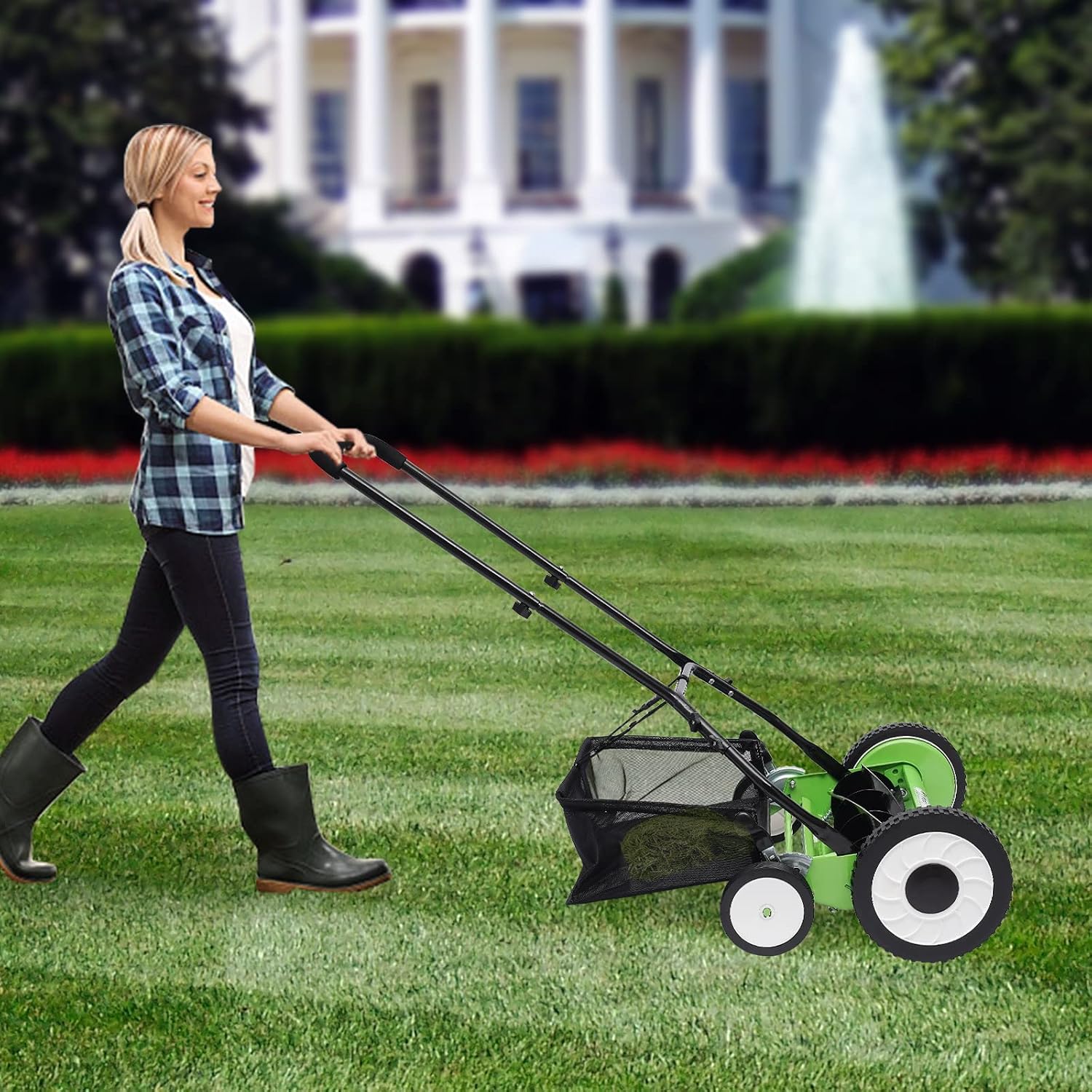 16-Inch 5-Blade Cordless Manual Reel Lawn Mower, Adjustable Cutting Height Manual Reel Mower with Removable Grass Collection Basket, 4 Wheels
