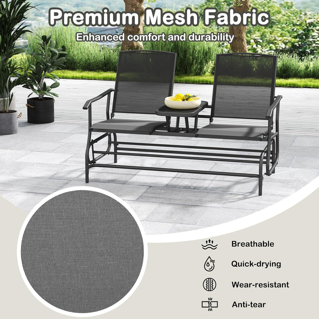 Tangkula 2 Person Swing Glider Chair, Patio Rocking Loveseat w/Center Tempered Glass Table, Outdoor Swing Bench w/Steel Frame & Breathable Mesh Fabric for Porch, Balcony, Poolside (Black)