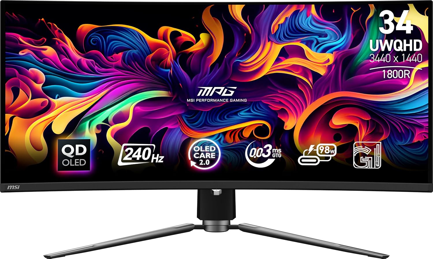 msi MPG 341CQPX QD-OLED 34 Inch UWQHD Curved Gaming Monitor - 3440x1440(21:9) QD-OLED Panel, 240Hz / 0.03ms, 99.3% DCI-P3, ΔE≤2, DisplayHDR True Black 400, DP 1.4a, HDMI, USB Type C (PD 98W)