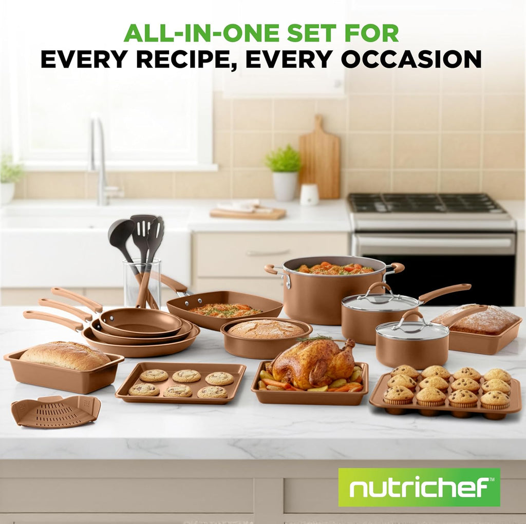 NutriChef 20-Piece Pots and Pans Set Non Stick – Induction Cookware Set, PFAS-Free Nonstick Cookware for All Cooktops, Includes Bakeware & Kitchen Utensils