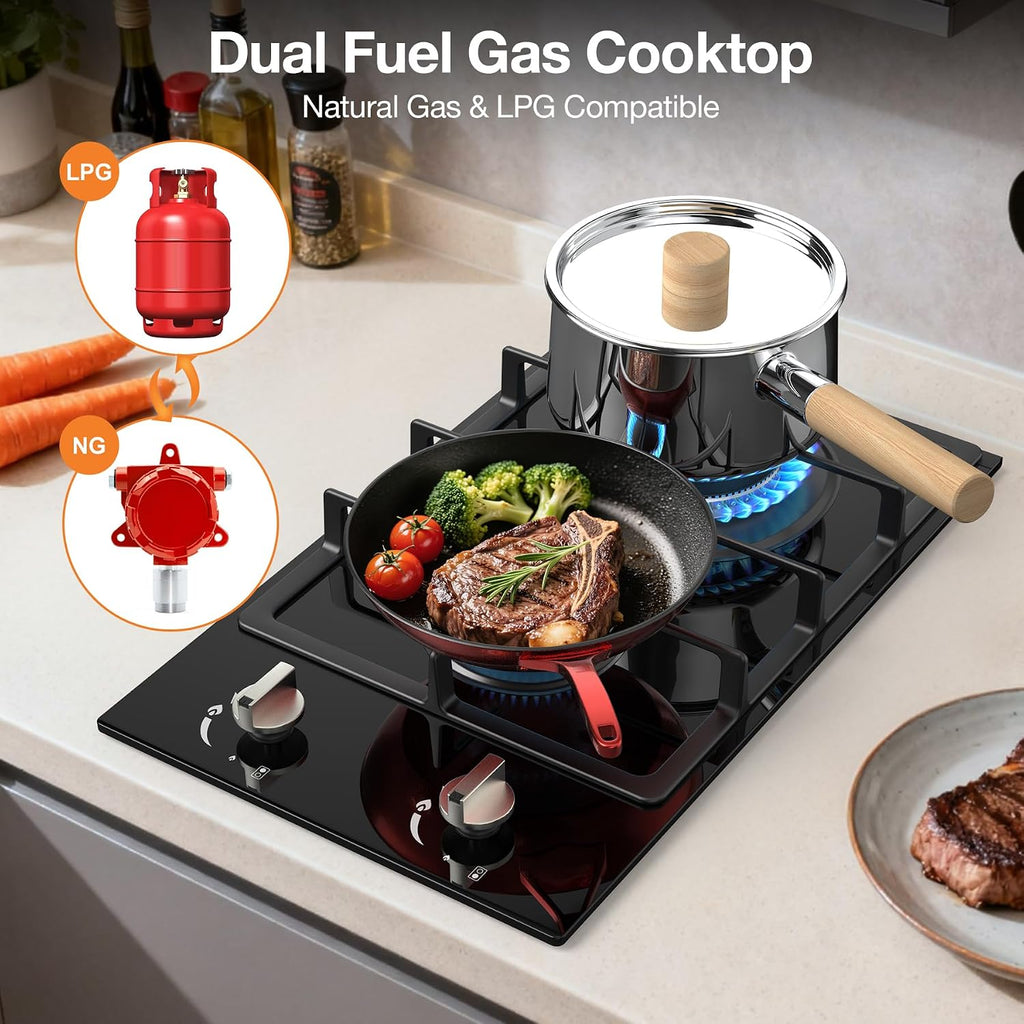 ANHANE 12-Inch Gas Cooktop, 2 Burner Drop-In Propane Stove Top, 14,600 BTU NG/LPG Dual Fuel Stainless Steel RV Cooktop with Auto-Shutoff Protection for Tiny Homes, Apartments & Campers
