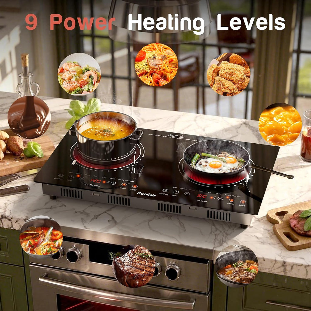 2 Burner Electric Cooktop - 24 Inch(23.6'x 13.8') Built-in & Countertop Electric Stove Top, 120V Double Burner Ceramic Cooktop Portable with Safety Lock, Timer, Touch Control, 110V Plug in