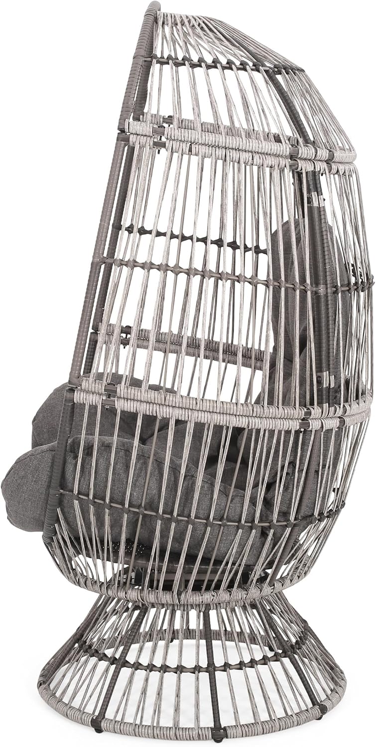 Wicker Egg Chair, Wicker Lounge Chair with Water Resistant Cushion, Indoor Outdoor Lounger for Patio, Backyard, Living Room (Gray)