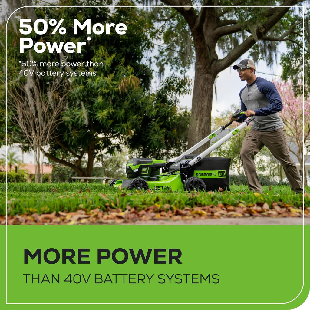 Greenworks 60V 21' Brushless (Push) Cordless Lawn Mower, 5.0Ah Battery (1/2 Acre, Rapid Charger, 4-in-1, LED Lights, IPX4)