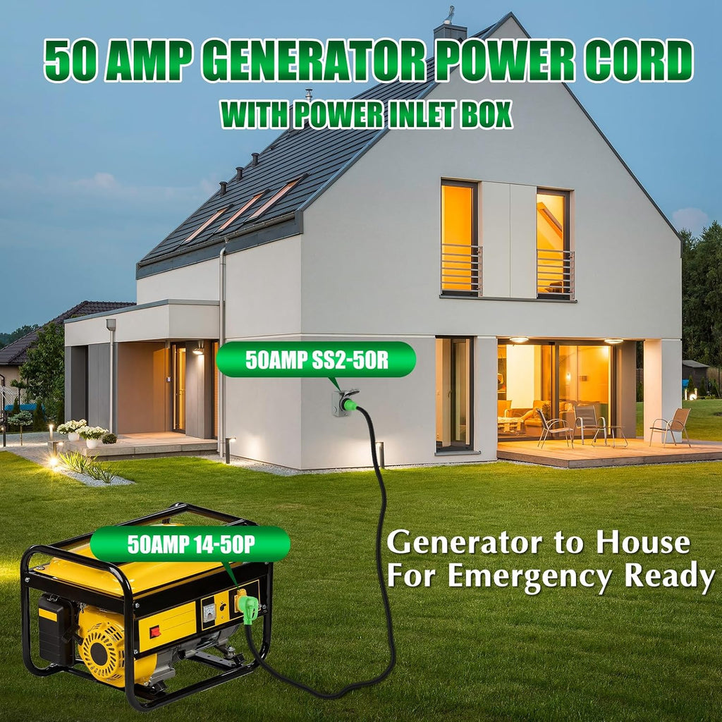 Gisafai 50 Amp 25FT Generator Cord and Pre Drilled Power Inlet Box Compatible with NEMA 14-50P to SS2-50R 125/250V Locking Connector with SS2-50P Generator Inlet Box to House, ETL Listed
