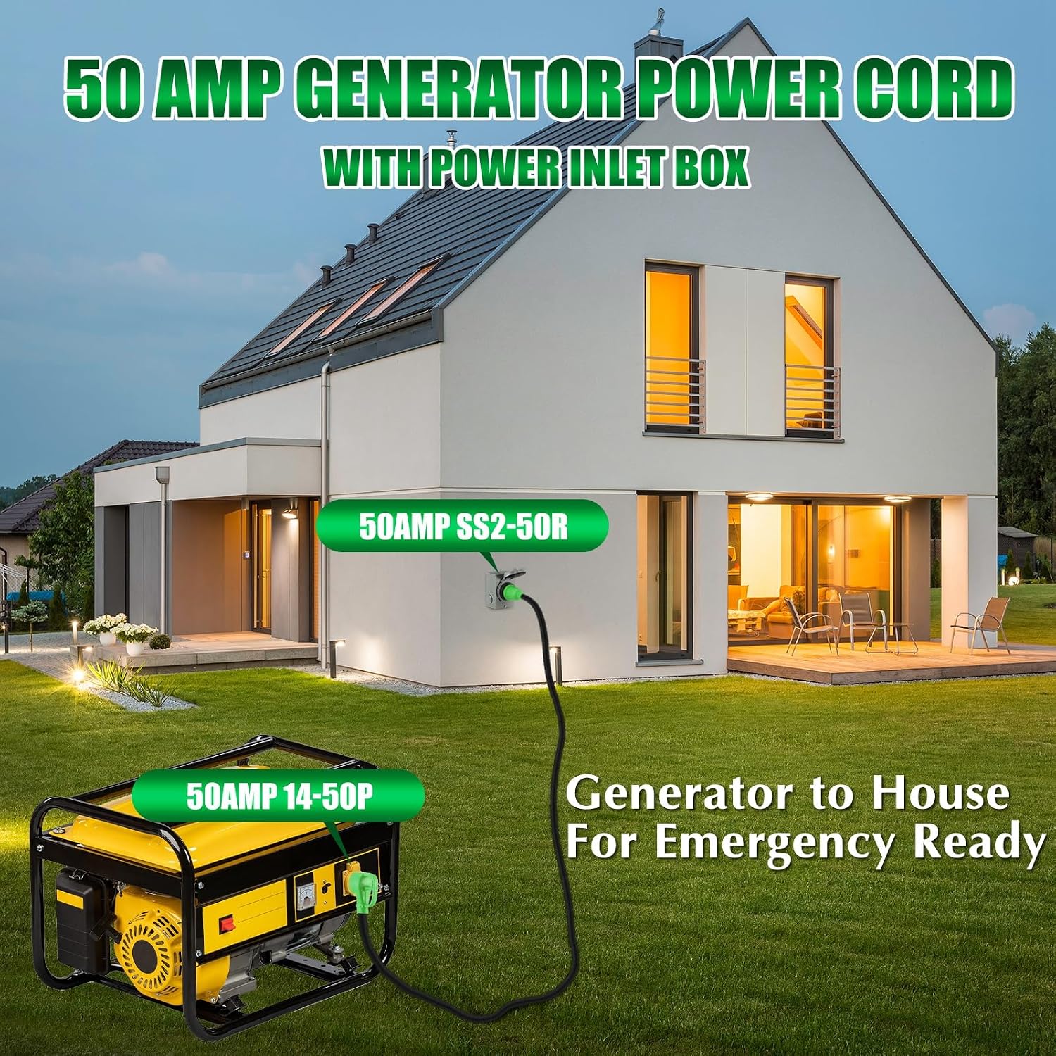 Gisafai 50 Amp 25FT Generator Cord and Pre Drilled Power Inlet Box Compatible with NEMA 14-50P to SS2-50R 125/250V Locking Connector with SS2-50P Generator Inlet Box to House, ETL Listed