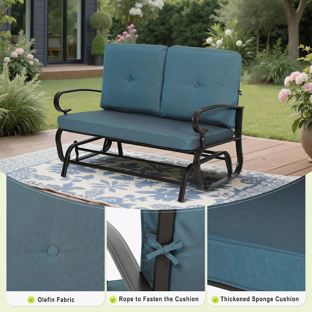 Outdoor Bench Patio Swing Glider Loveseat 2 Seats Rocking Chair, Wrought Iron Gliders for Outside Patio with Cushion (Blue)
