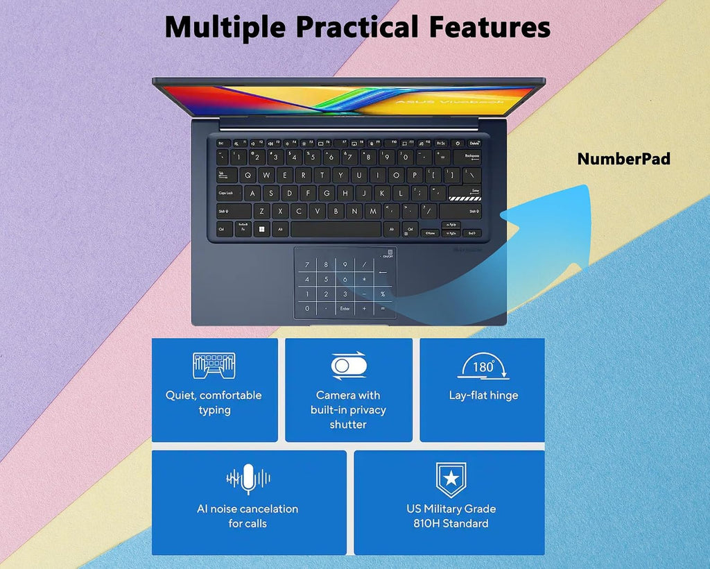 ASUS Vivobook 14' FHD 250-Nits Laptop, Intel i3-1315U, 16GB RAM+512GB SSD, Lightweight & All-Day Battery, Durability, Windows 11, NumberPad, Privacy Camera, Wi-Fi, for Business & Students, RK Bundle