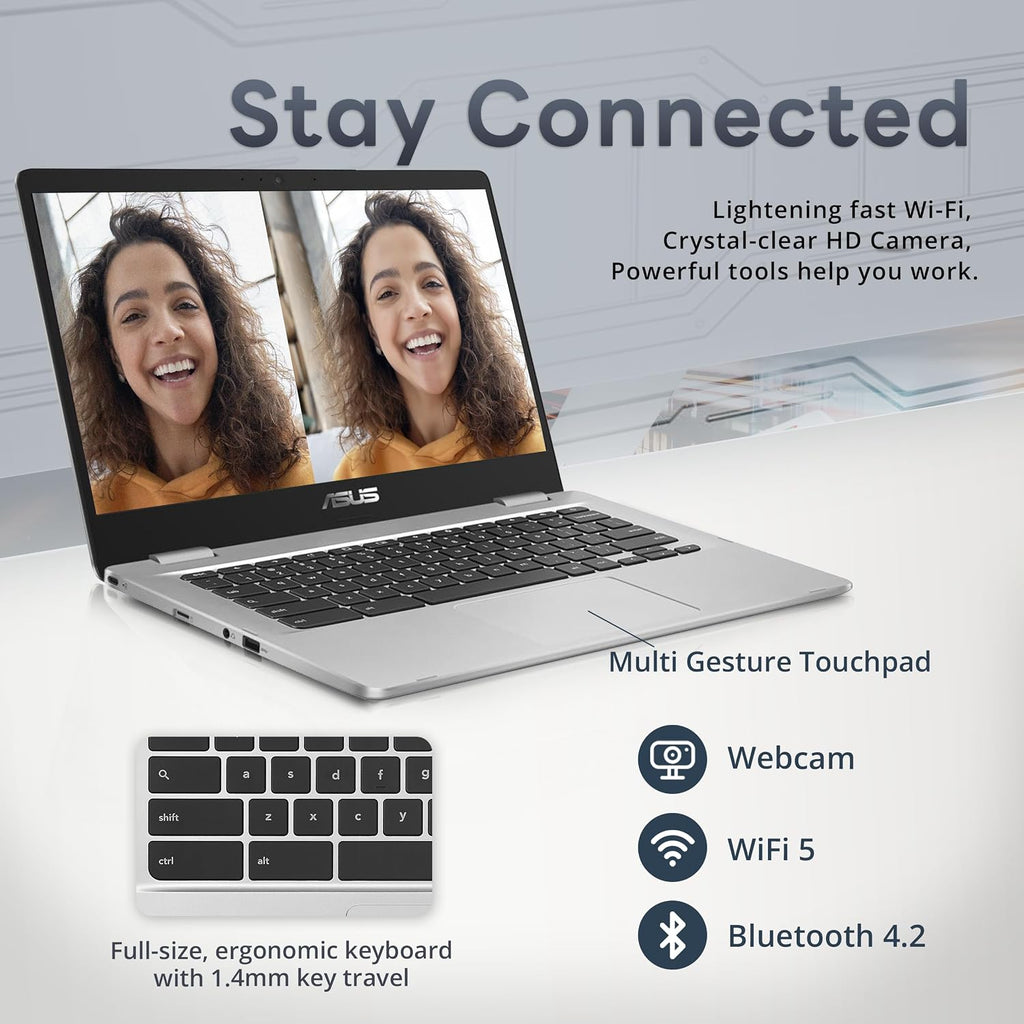 ASUS Chromebook CX1400 14' HD NanoEdge Laptop, Intel Celeron N3350 Processor, 4GB RAM, 32GB eMMC, Intel HD Graphics, 720p HD Camera, Wi-Fi, Bluetooth, Silver, Chrome OS (Renewed)