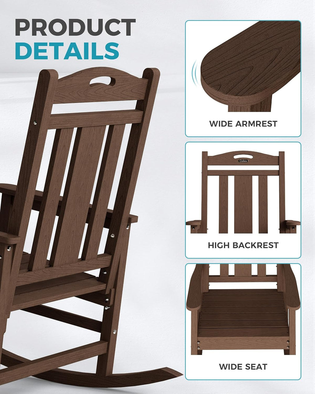 Ciokea Oversized Outdoor Rocking Chairs Set of 2, 380lbs Heavy-Duty Large Patio Rocker, High Back Cozy Porch Chairs, Weather Resistant Patio Rocking Chairs for Outside, Fire Pit, Deck, Brown