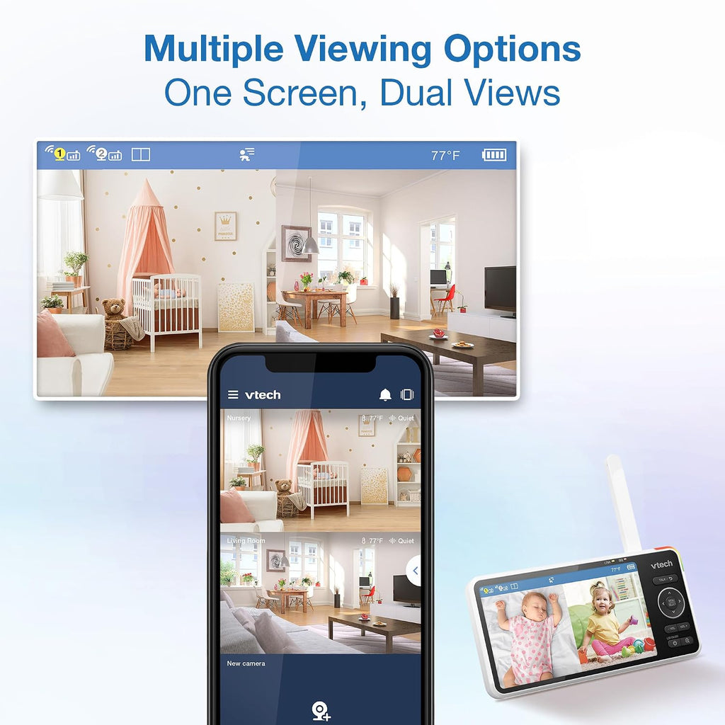 VTech Smart HD Plus Twin 2-Camera Smart WiFi Baby Monitor – 2K Cameras, 5.5' HD Split-Screen, 24X Zoom, Free App, Multi-Color Night Light