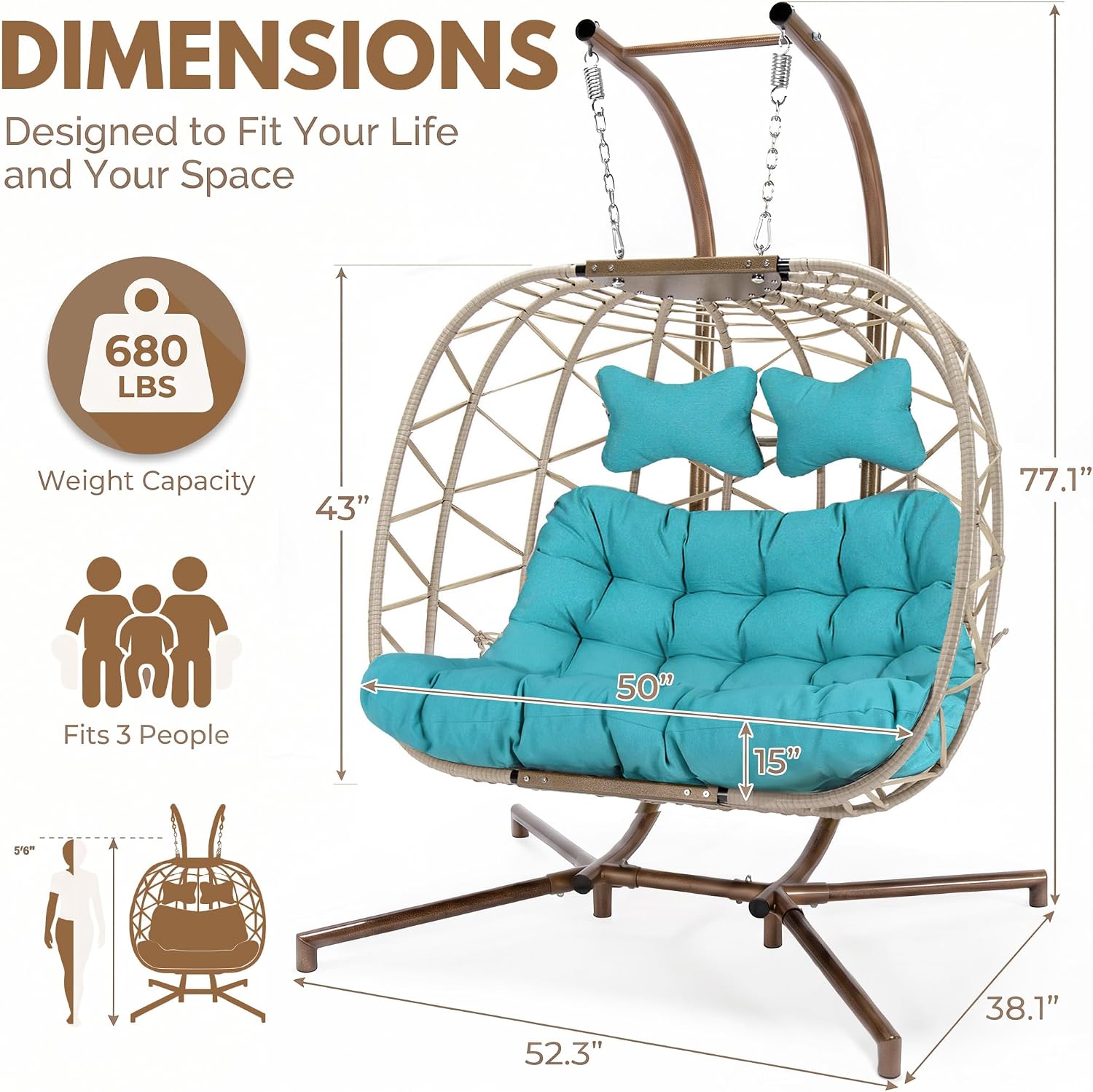 BULEXYARD 2 Seater Patio Egg Chair Swing with Stand and Rain Cover, Extra Large Outdoor Hanging Hammock Loveseat, Oversized Wicker Rattan Chair with Cushion for Balcony Backyard, Light Blue