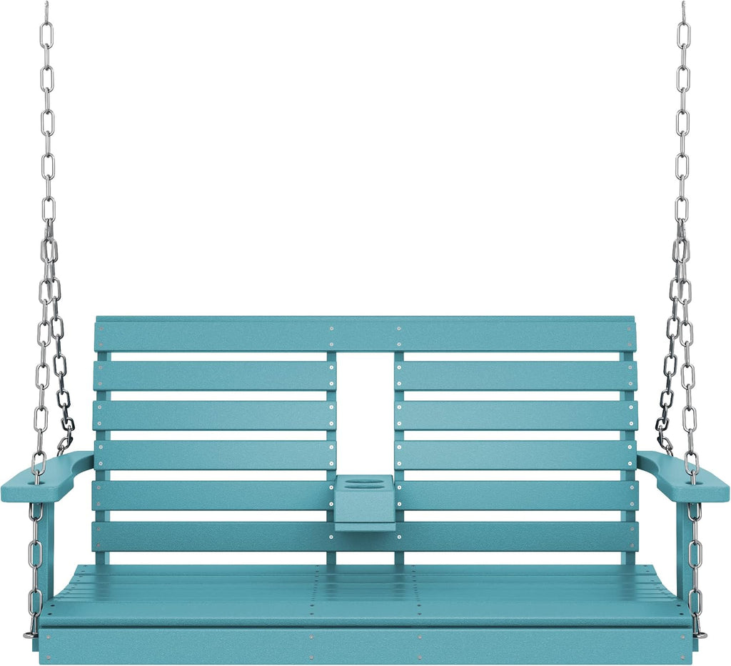 KINGYES Outdoor Hanging Porch Swing, 2 Seat Patio Swing Chair with Cup Holders, Waterproof Swing Chair Bench for Courtyard & Garden, 660LBS Weight Capacity, Aruba Blue