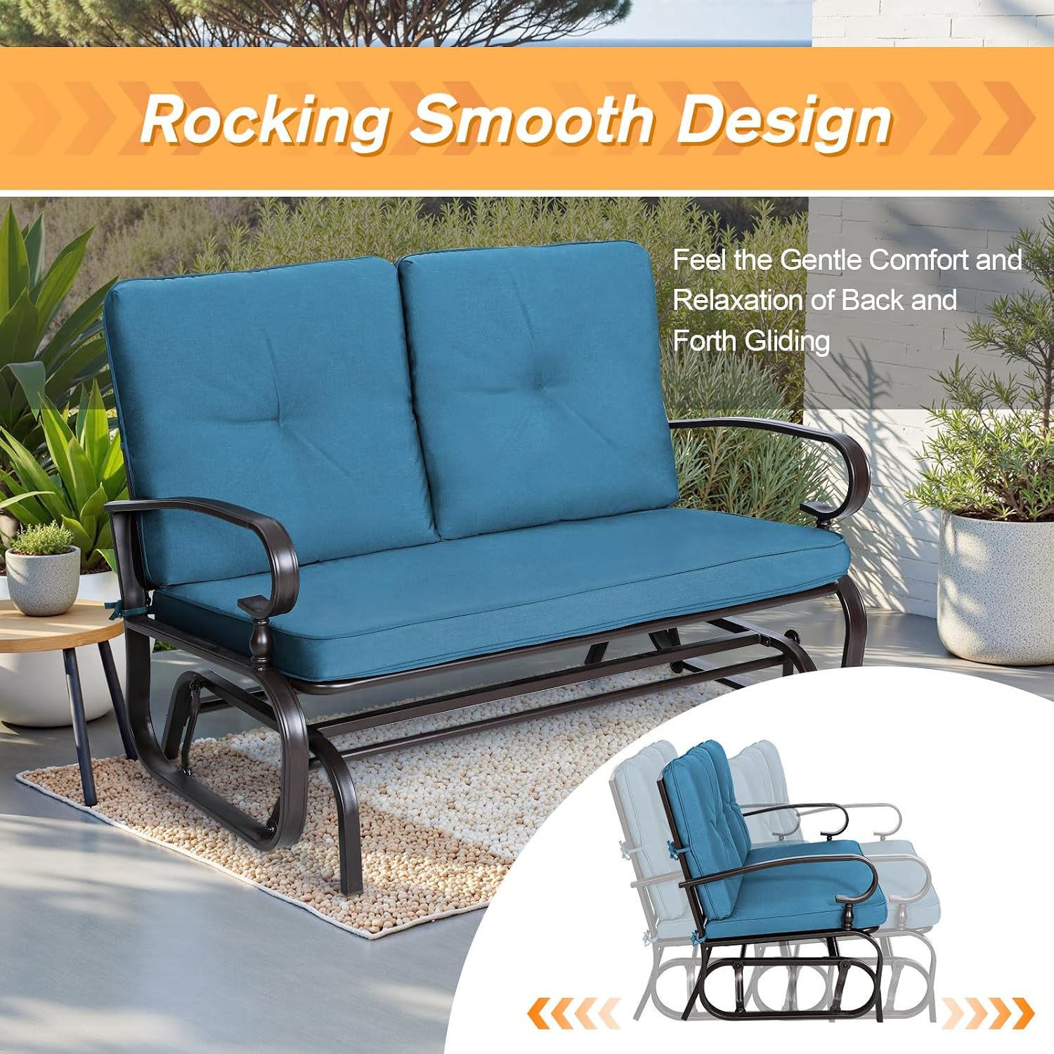Incbruce Outdoor Glider Rocking Chair Patio Glider Bench for 2 Person, Porch Loveseat Seating Patio Steel Frame Chair Set with Cushion for Porch, Patio, Garden (Blue)