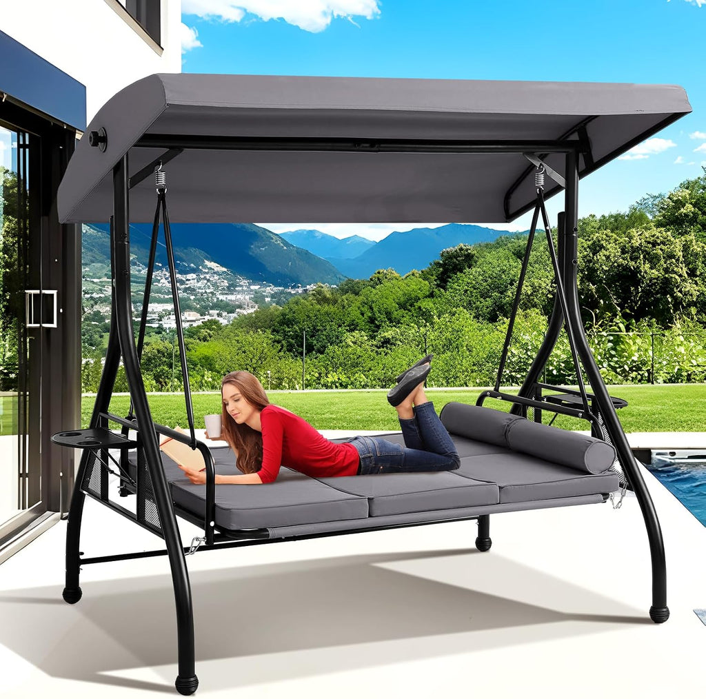 Grepatio 3-Seat Outdoor Porch Swing with Adjustable Canopy, 3 Person Convertible Porch Swing Bed with Stand, Heavy Duty Patio Swing with Cup Holder and Pillows, Cushion for Garden, Poolside (Grey)