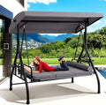 Grepatio 3-Seat Outdoor Porch Swing with Adjustable Canopy, 3 Person Convertible Porch Swing Bed with Stand, Heavy Duty Patio Swing with Cup Holder and Pillows, Cushion for Garden, Poolside (Grey)