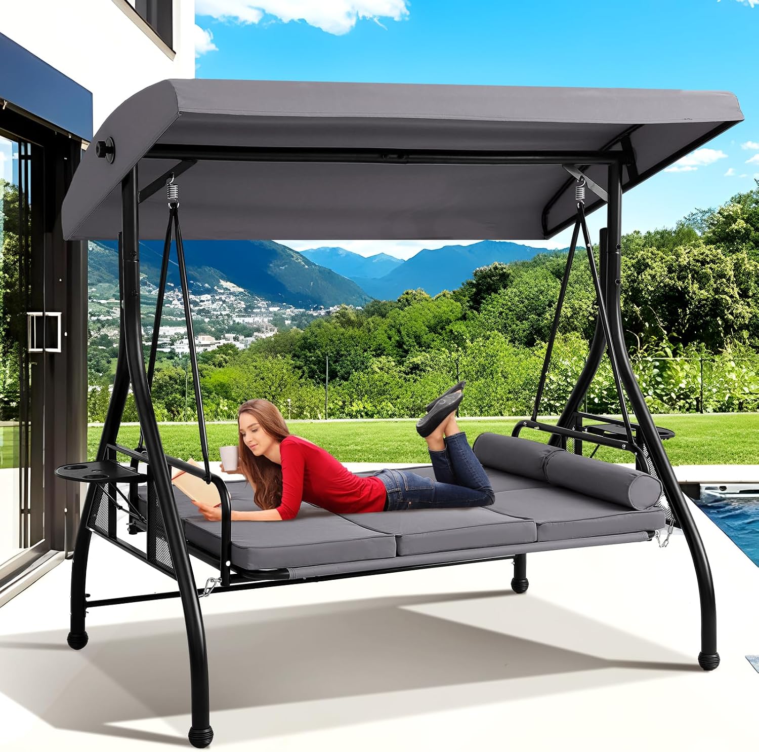 Grepatio 3-Seat Outdoor Porch Swing with Adjustable Canopy, 3 Person Convertible Porch Swing Bed with Stand, Heavy Duty Patio Swing with Cup Holder and Pillows, Cushion for Garden, Poolside (Grey)