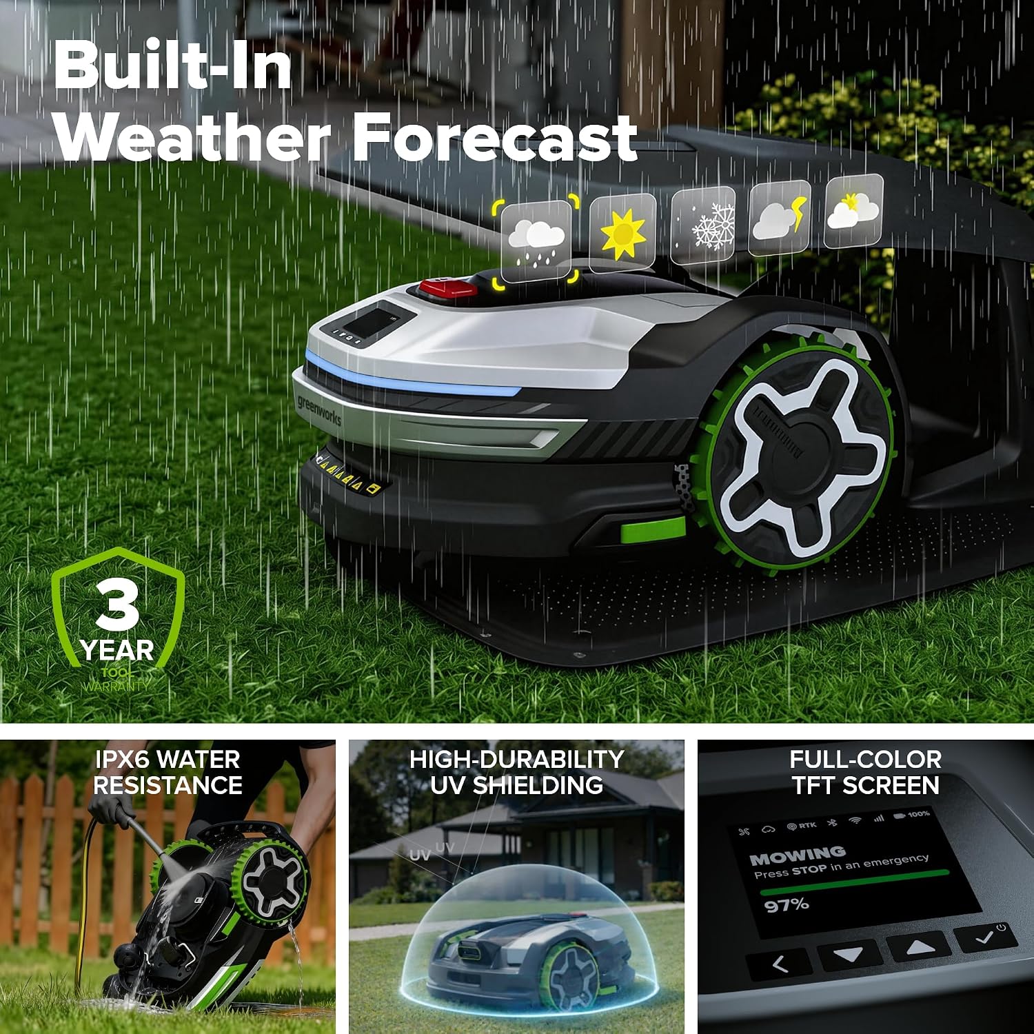 Greenworks C20Z Wire-Free Robotic Lawn Mower, up to 1/2 Acre, RTKVision Navigation, 24-Degree Slope Climbing, Smart Obstacle Avoidance, App Control with Electric Height Adjustment