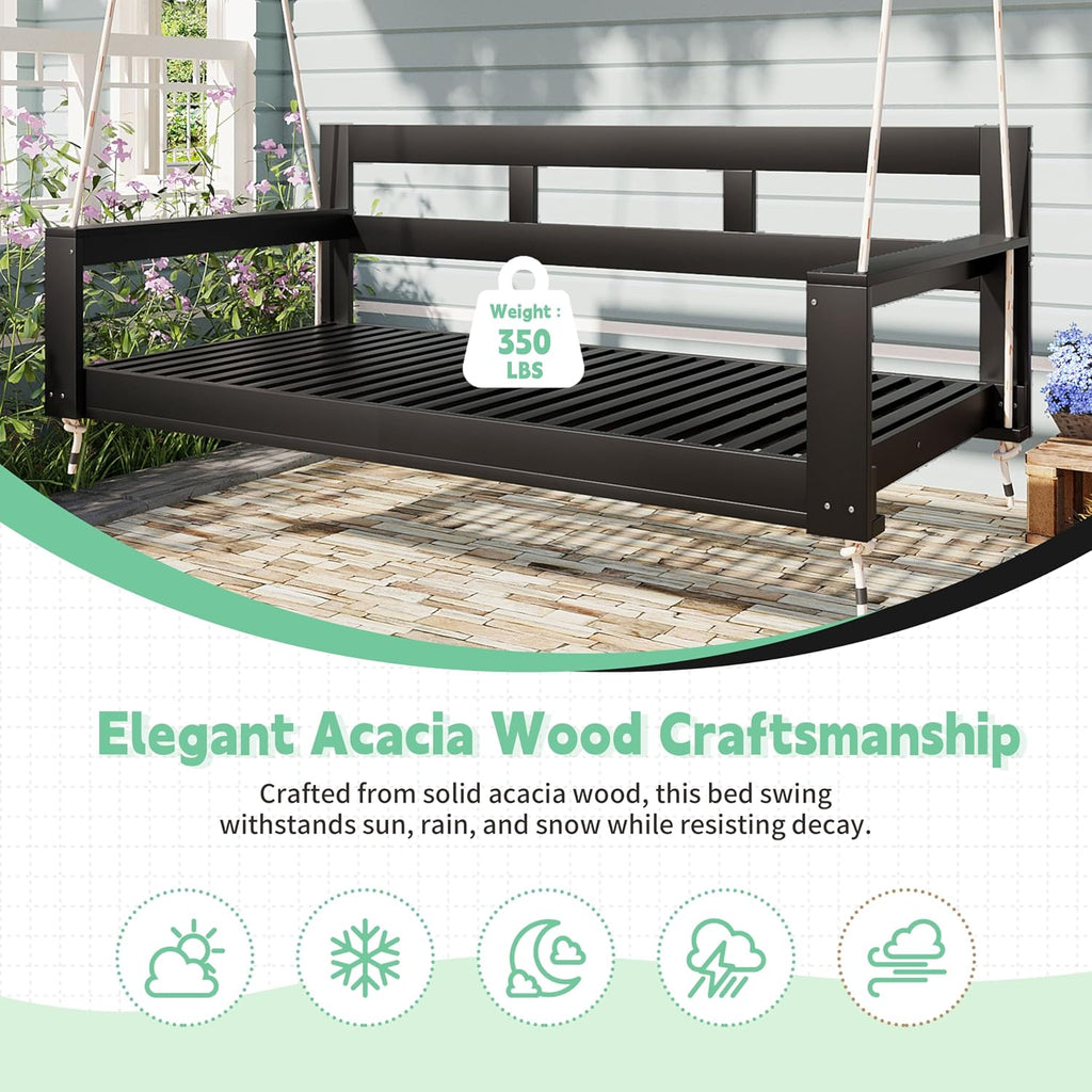 LUMISOL Twin Size Porch Swing Daybed Frame, Garden Porch Swing Bench Chair with 4 Hanging Ropes for Backyard Outdoor, Black