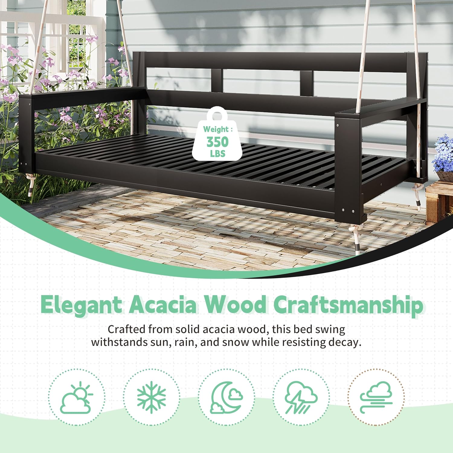 LUMISOL Twin Size Porch Swing Daybed Frame, Garden Porch Swing Bench Chair with 4 Hanging Ropes for Backyard Outdoor, Black