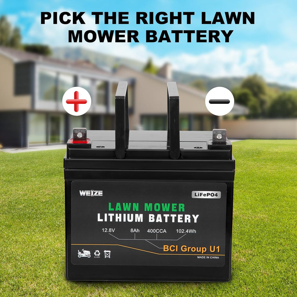WEIZE 12.8V 8Ah Lithium Battery for Lawn Mower and Tractor, 400CCA BCI Group U1 LiFePO4 Batteries, Fits with John Deere, Toro, Cub Cadet, and Craftsman