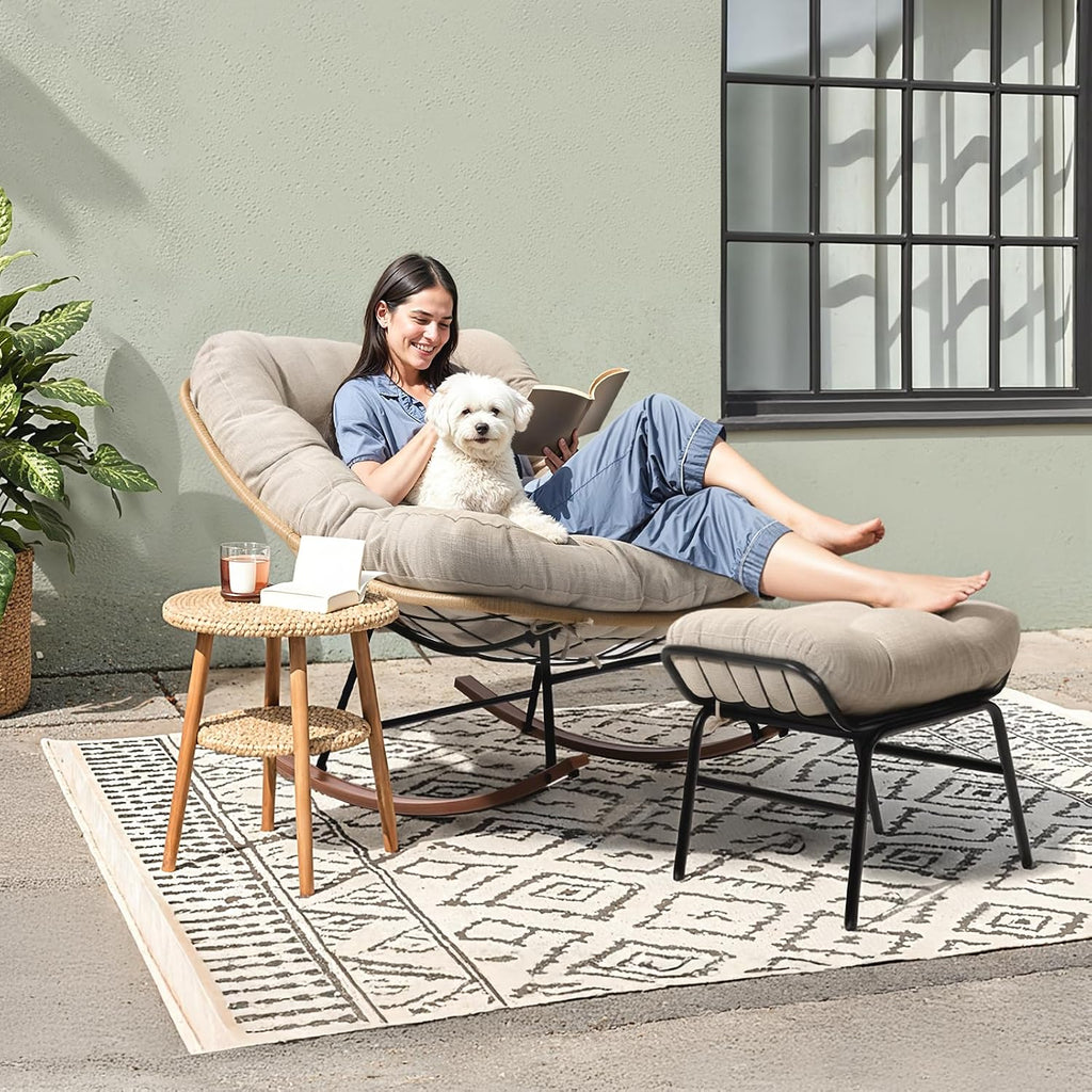 Bme Outdoor and Indoor Patio Rocking Chair with Ottoman, Wood Texture Rocker with Beige Cushion, 7'' Thick, 400lbs Capacity, Sturdy Construction, Ergonomic Design, Quick Assembly, Floor ensureor